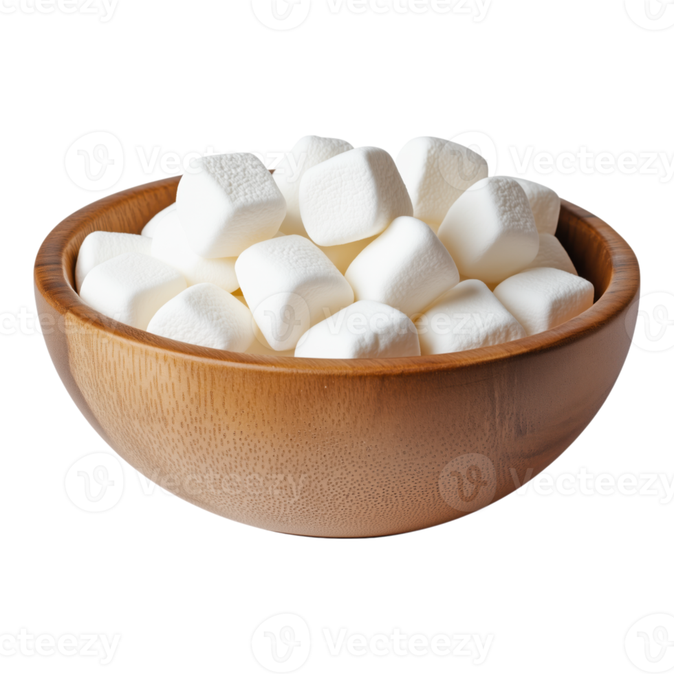 Wooden bowl filled with fluffy marshmallows isolated on a transparent background for cooking and dessert concepts png