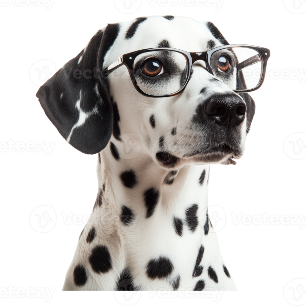 Dalmatian dog wearing glasses on a transparent background showcasing quirky and intellectual charm png