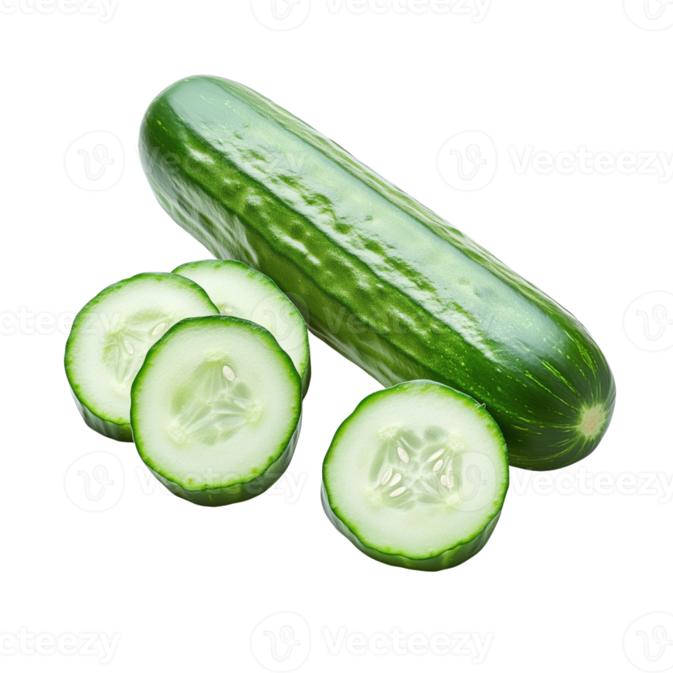Fresh cucumber and slices with transparent background showing healthy green vegetable png