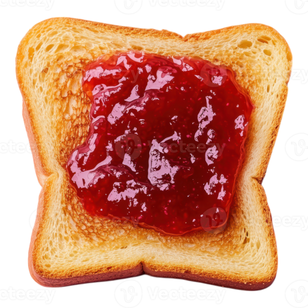 Slice of toast with strawberry jam on pastel pink background, transparent image png