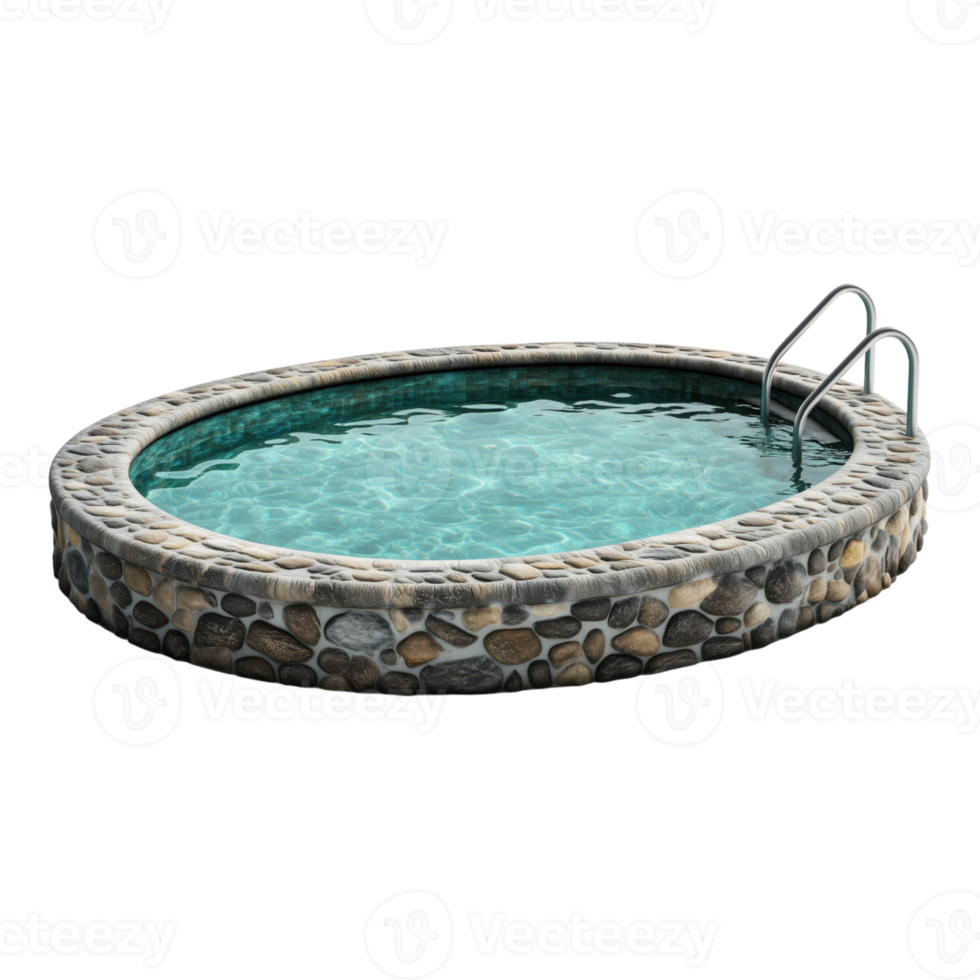 Elegant sculpted oval pool with water and stone border featuring a hand railing, presented on a transparent background for versatile use in design projects. png