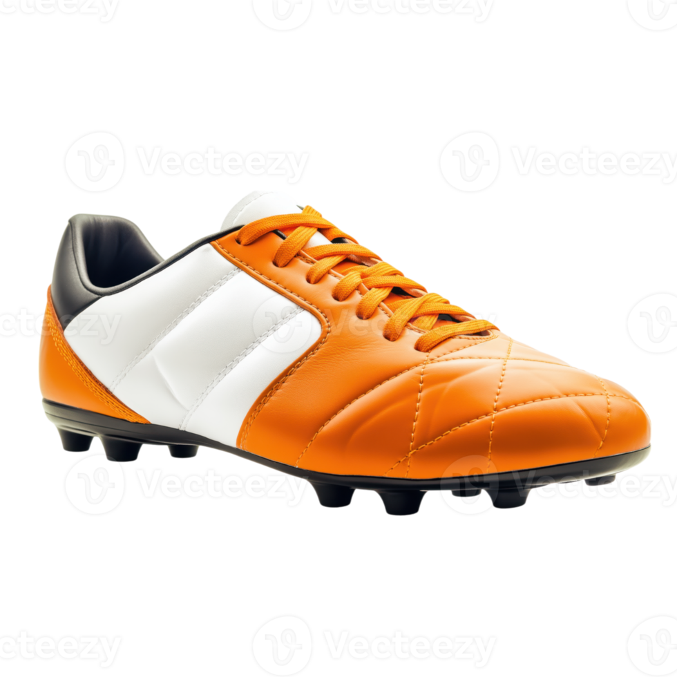 Vibrant orange and white soccer shoe with detailed stitching on a transparent background png