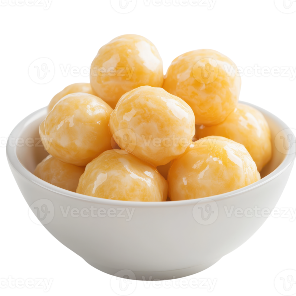 Brie's cheese balls in a bowl on a transparent background showcasing a delicious dish with smooth texture and appetizing golden color png