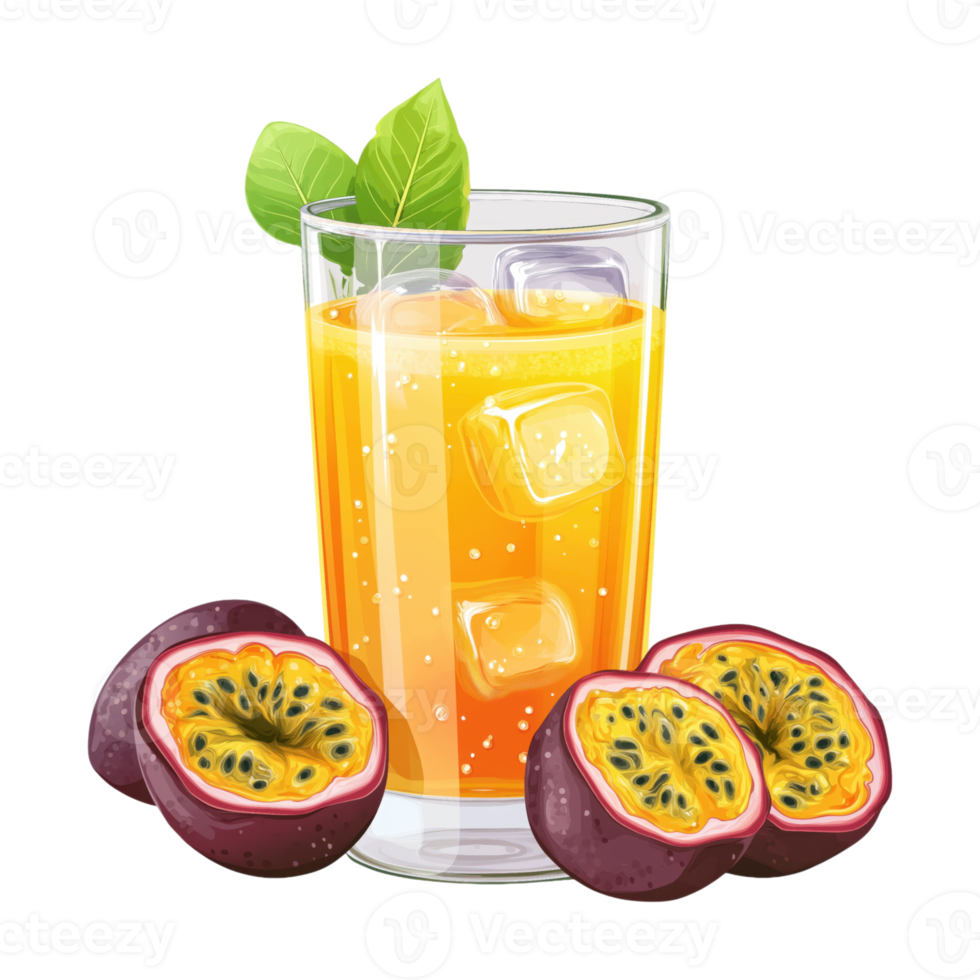 Refreshing glass of passion fruit juice with ice cubes and fresh leaves png