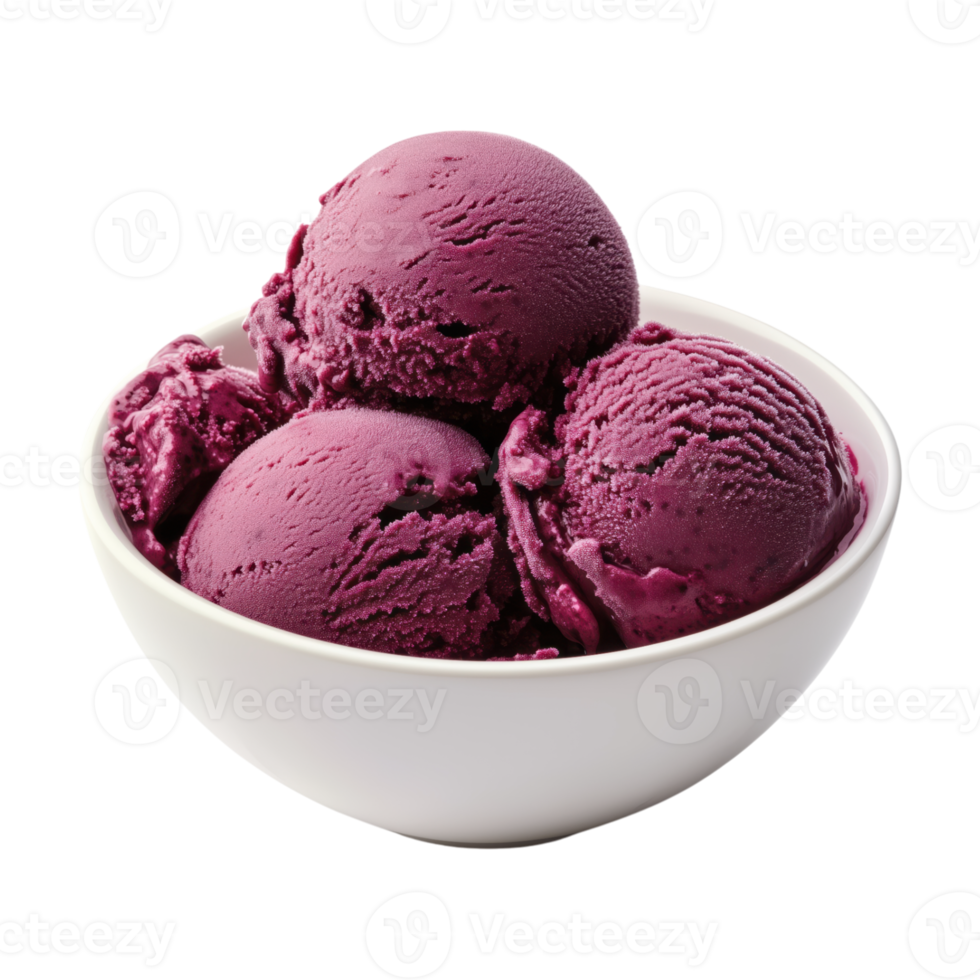 A bowl of dark purple frozen berry ice cream with three scoops on a transparent background, showcasing the rich and vibrant color of this sweet dessert. png