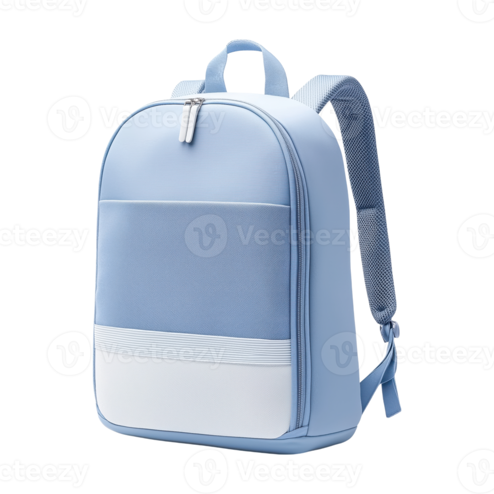 Light blue backpack with open zipper on transparent background for travel or everyday use png