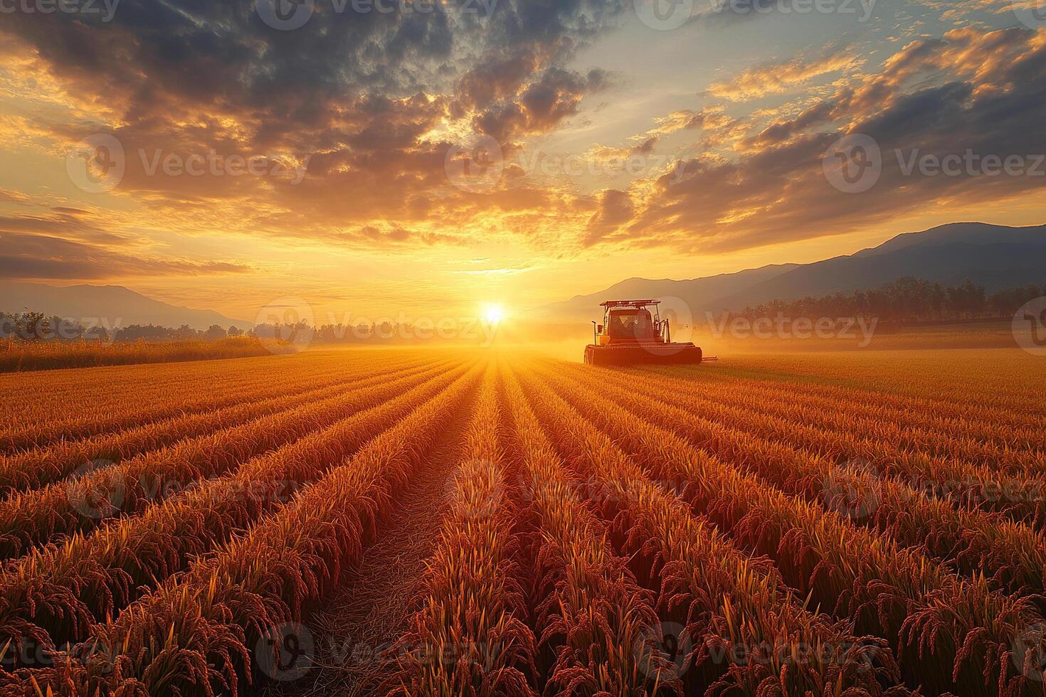 Combine harvester reaping wheat ears at sunset. Concept of grain crop harvesting. photo
