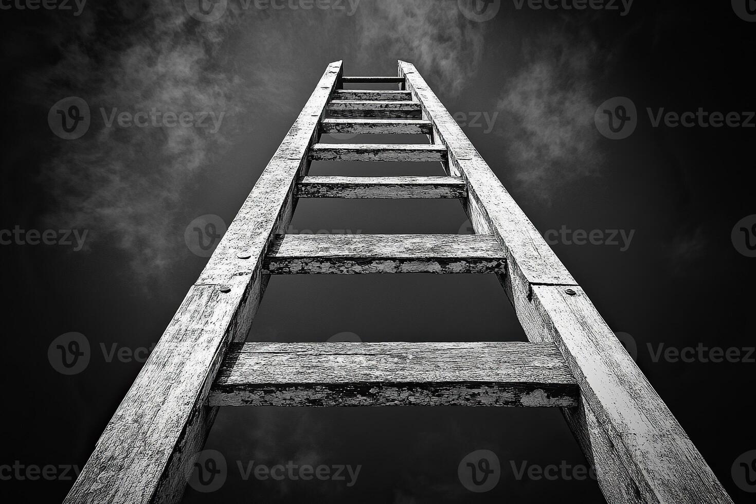 Black and white image of a wooden staircase leading high into the sky. Generated by artificial intelligence photo