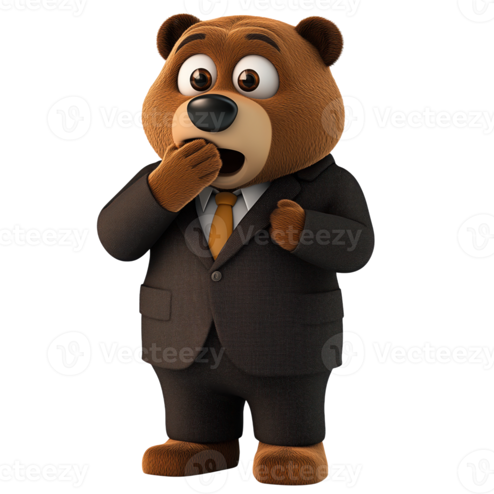 Cartoon brown bear in a business suit with wide-eyed expression and hand over mouth on a transparent background png