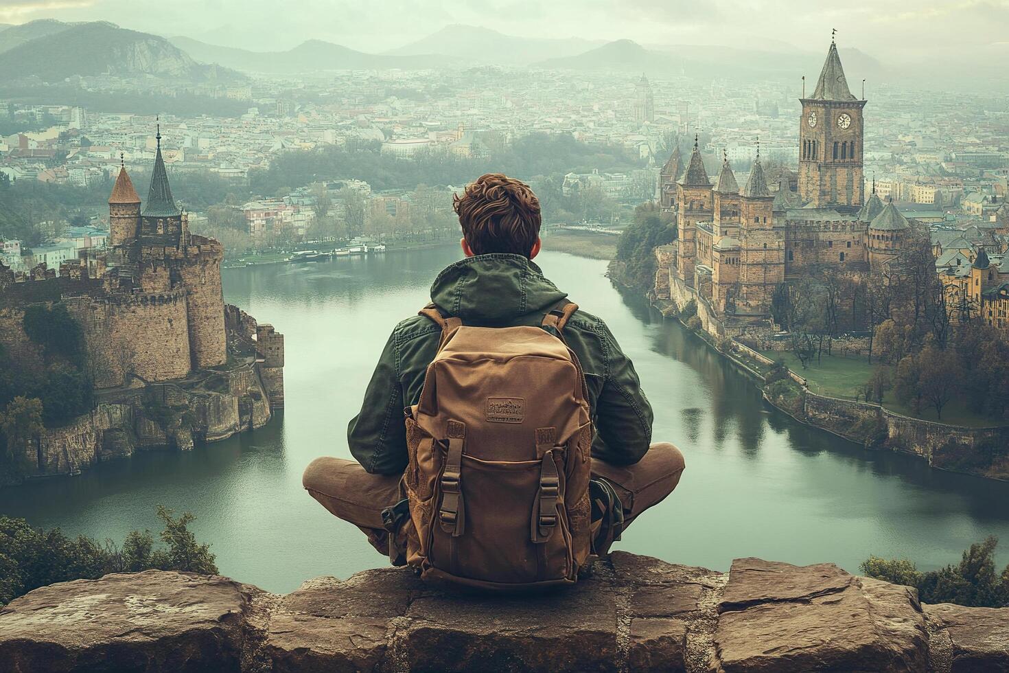 Travel concept. A male traveler with a backpack on his back sits and looks at the old city from above. photo