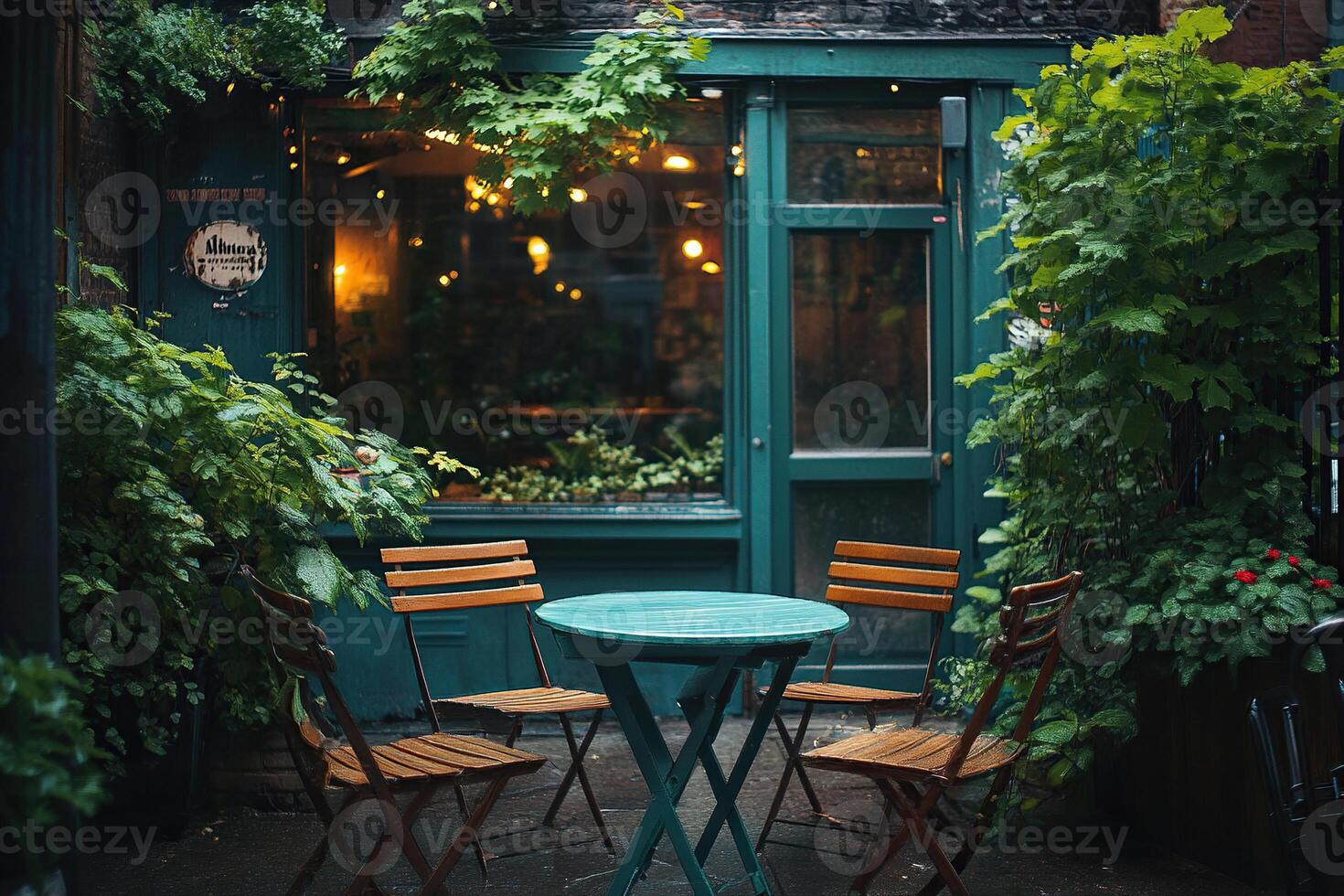 A small cozy cafe with a table outside, surrounded by green bushes photo