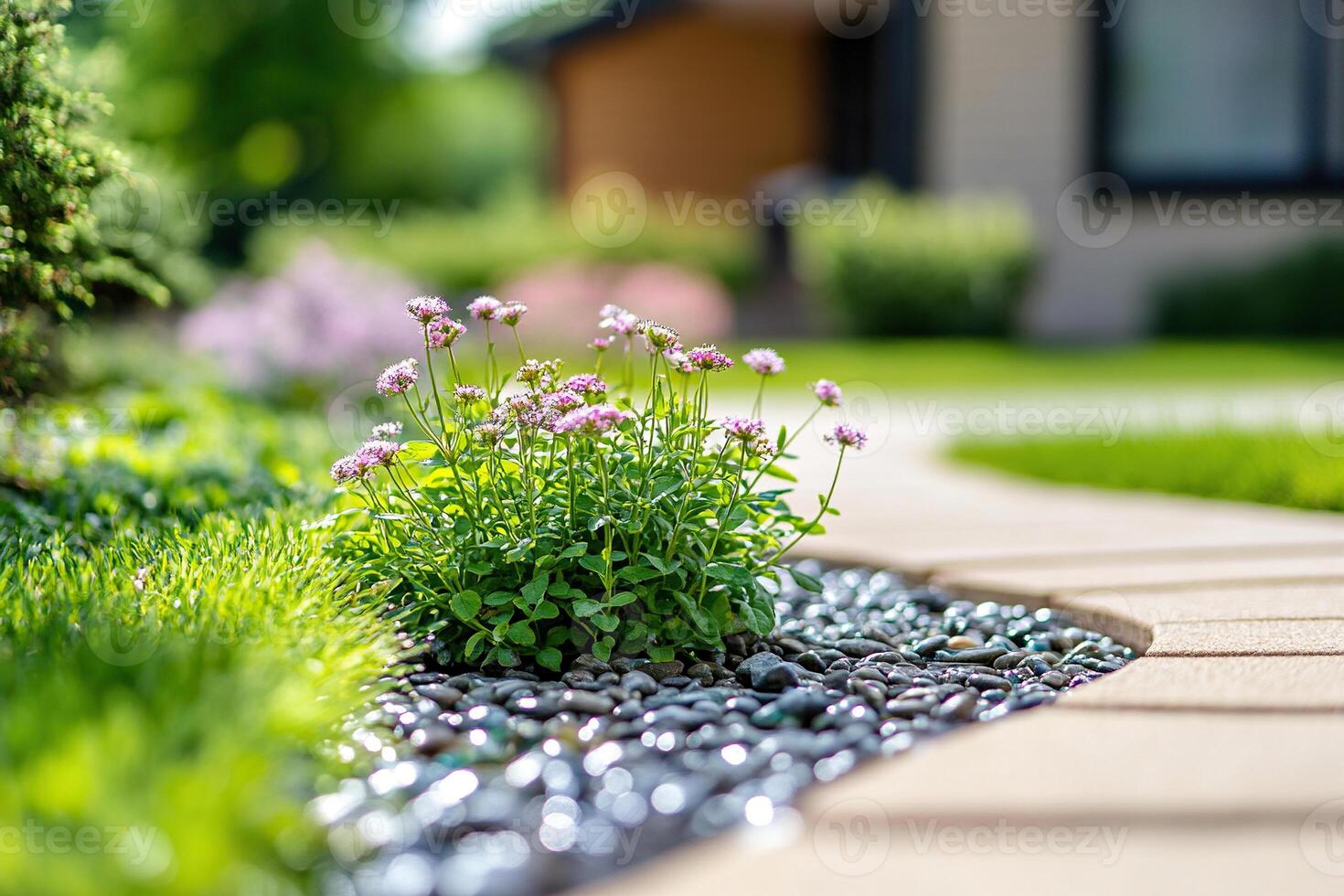 Close-up of a landscape design element in the backyard of a private house. Flowers, pebbles, lawn. Generated by artificial intelligence photo