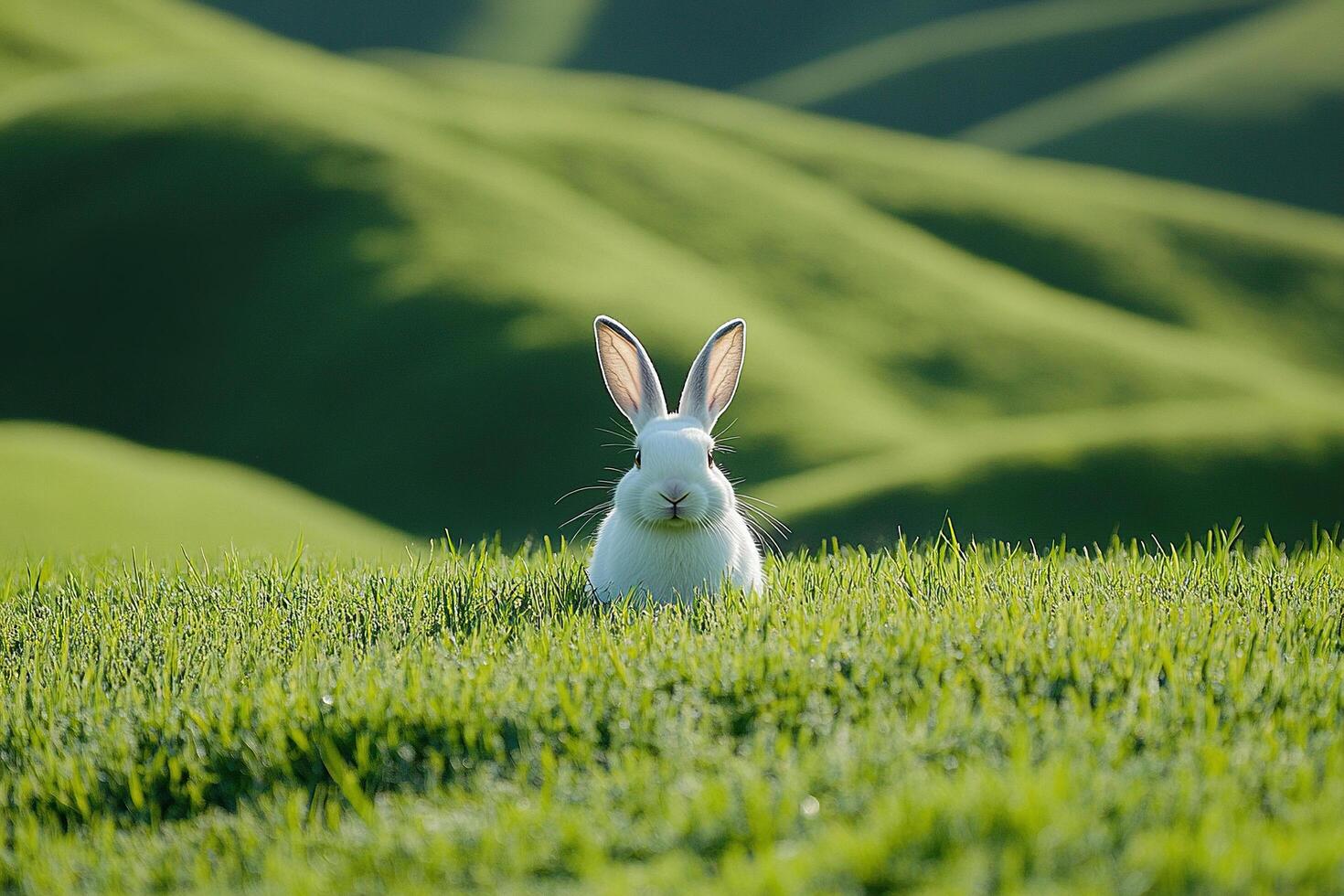 White cute hare sits in green grass in hill valley. Happy Easter holiday concept. Generated by artificial intelligence photo