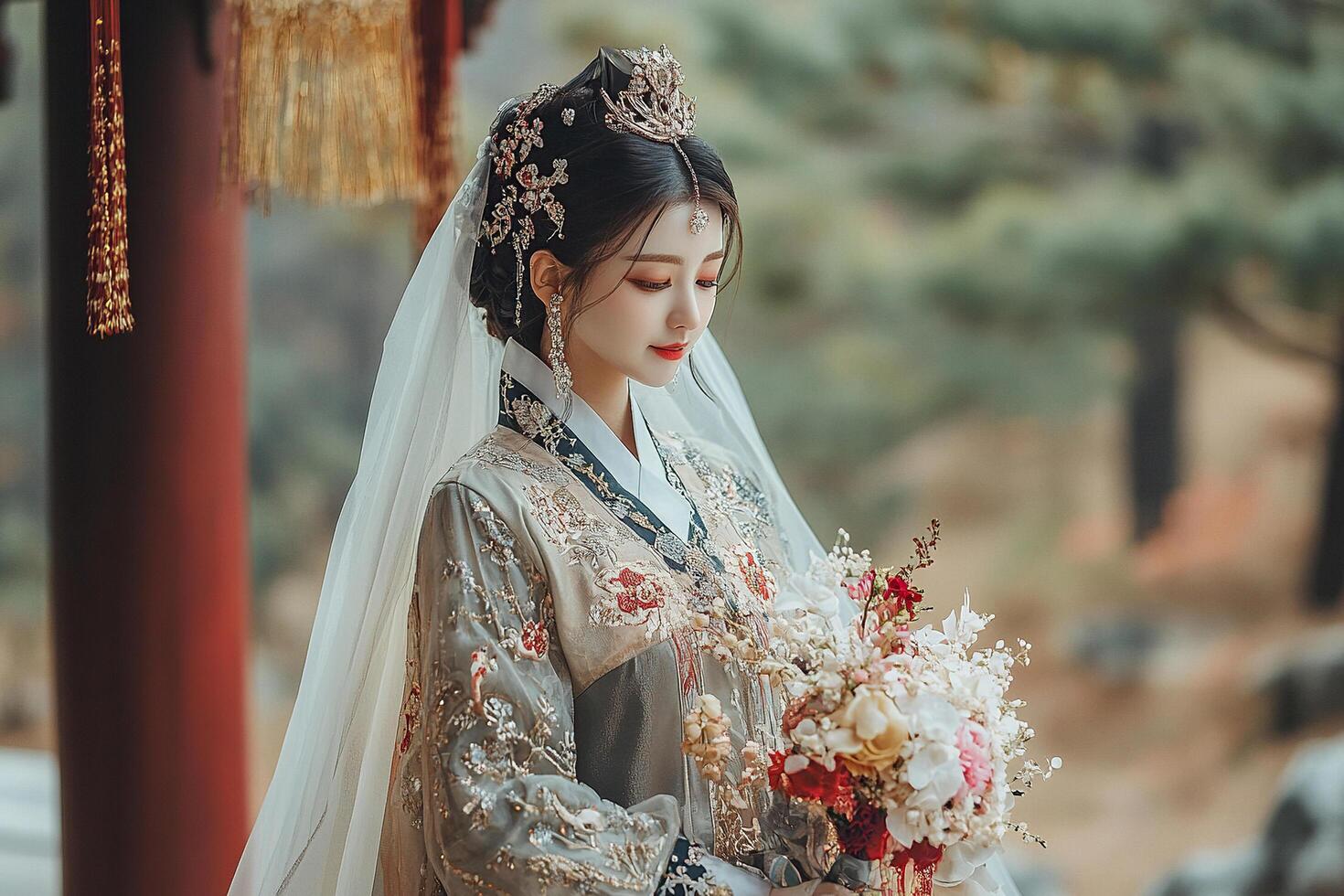 Beautiful Asian girl on wedding day in traditional costume with a bouquet in hand. Wedding decorations in Asian style. photo