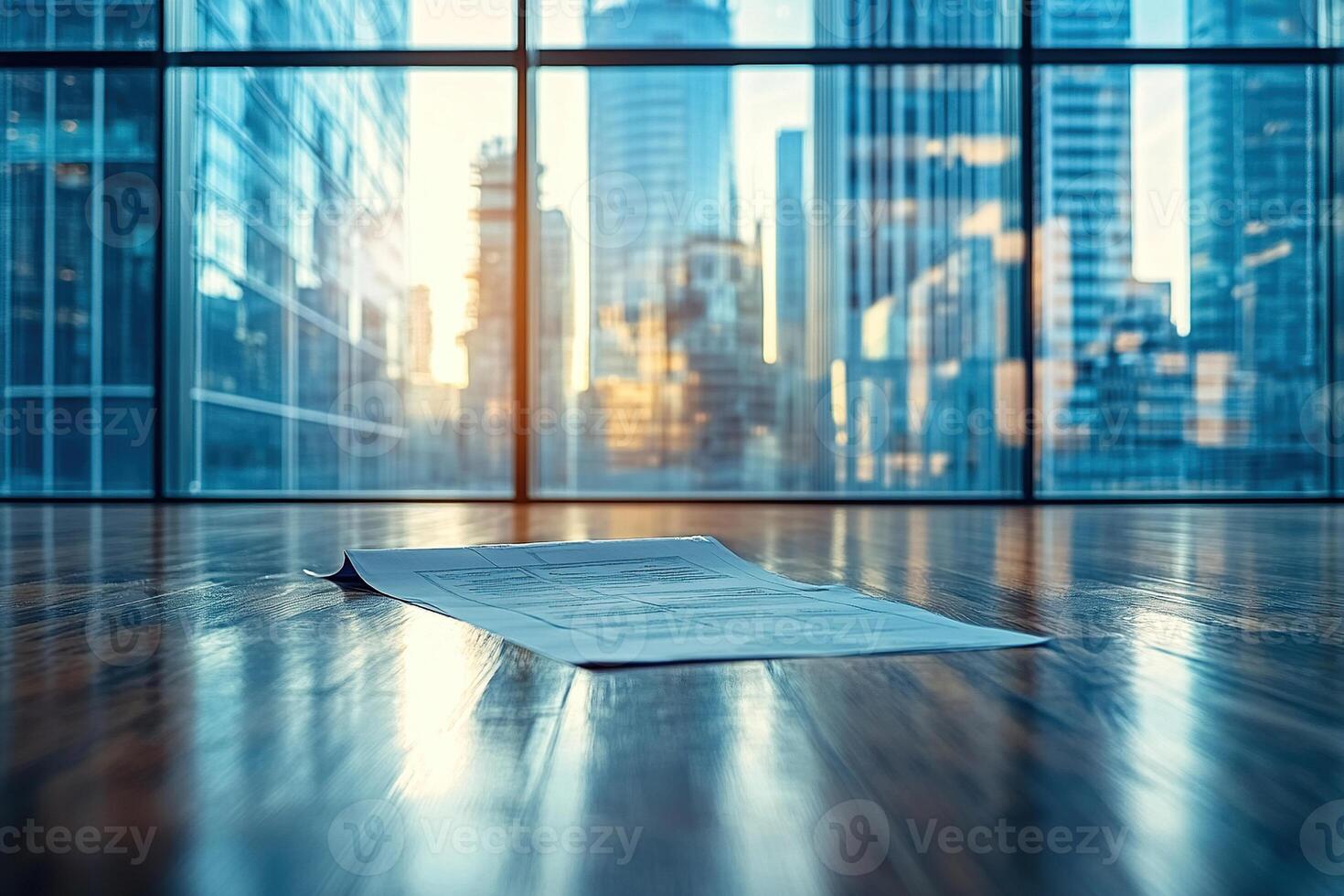 Modern interior of an empty office or apartment. The lease agreement lies on the floor in an empty room with beautiful panoramic windows overlooking the metropolis photo
