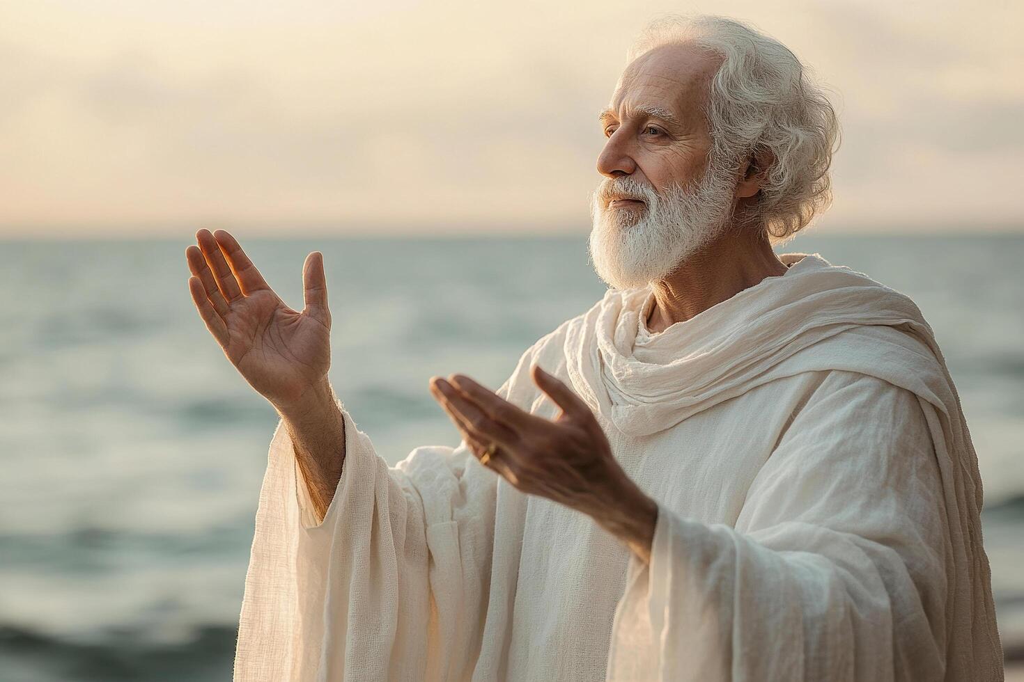 A holy elder in a white ethnic dress stretches his hands to the sky against the backdrop of a calm sea. Generated by artificial intelligence photo