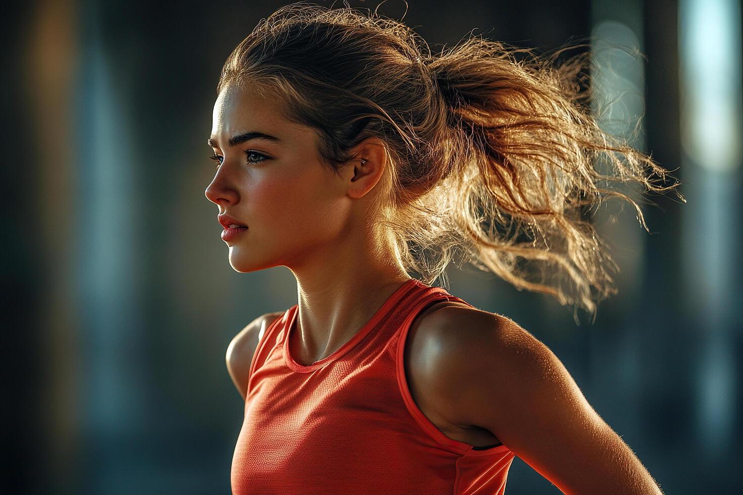 Side view portrait of a girl doing sports in the evening sun. Concept of sporty and healthy lifestyle. photo