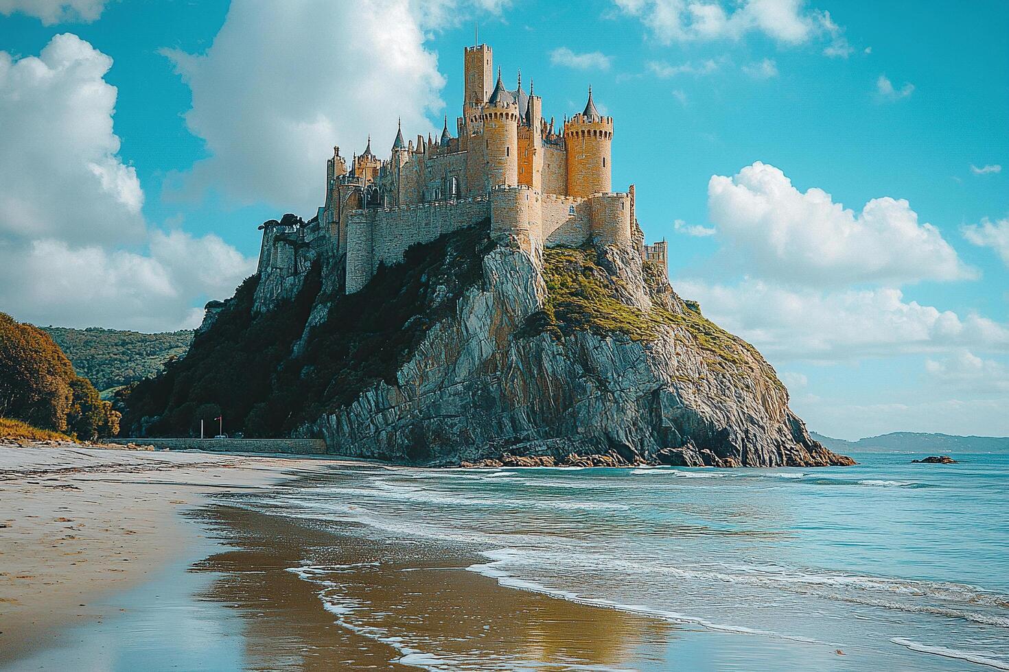 An ancient castle fortress on the top of a cliff on the seashore. Generated by artificial intelligence photo