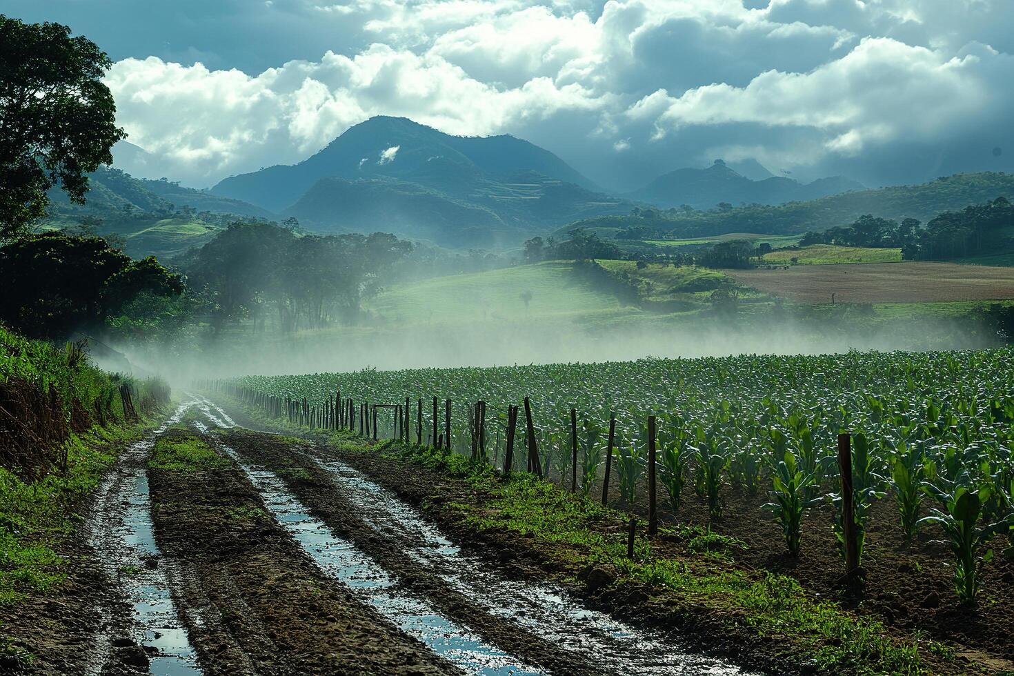 Corn field after heavy rains. Washed out country road along corn field. Generated by artificial intelligence. photo