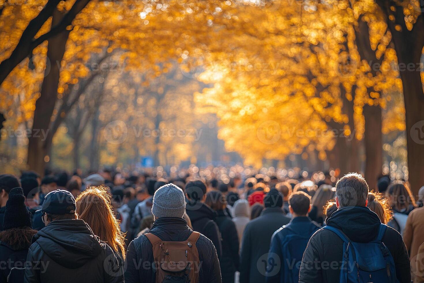 Photo of a huge crowd of people on a sunny autumn day. There are yellow leaves on the trees