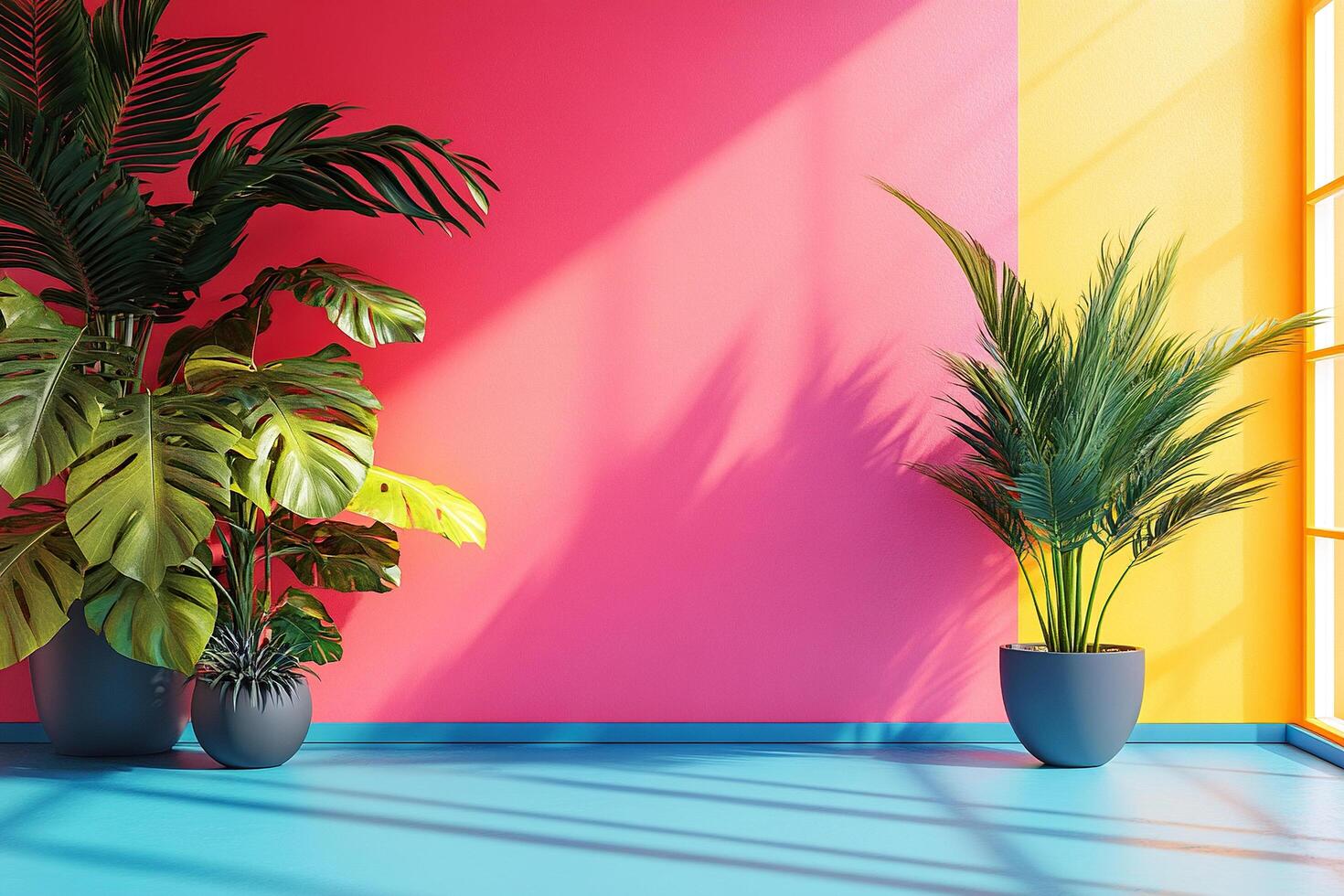 Tropical potted plants against a bright pink wall. Space with room for text. Abstract minimal scene product presentation. Generated by artificial intelligence photo