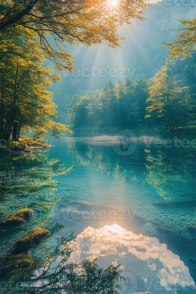 The sun's rays hit the azure water of the lake surrounded by forest and mountains. A magnificent landscape photo