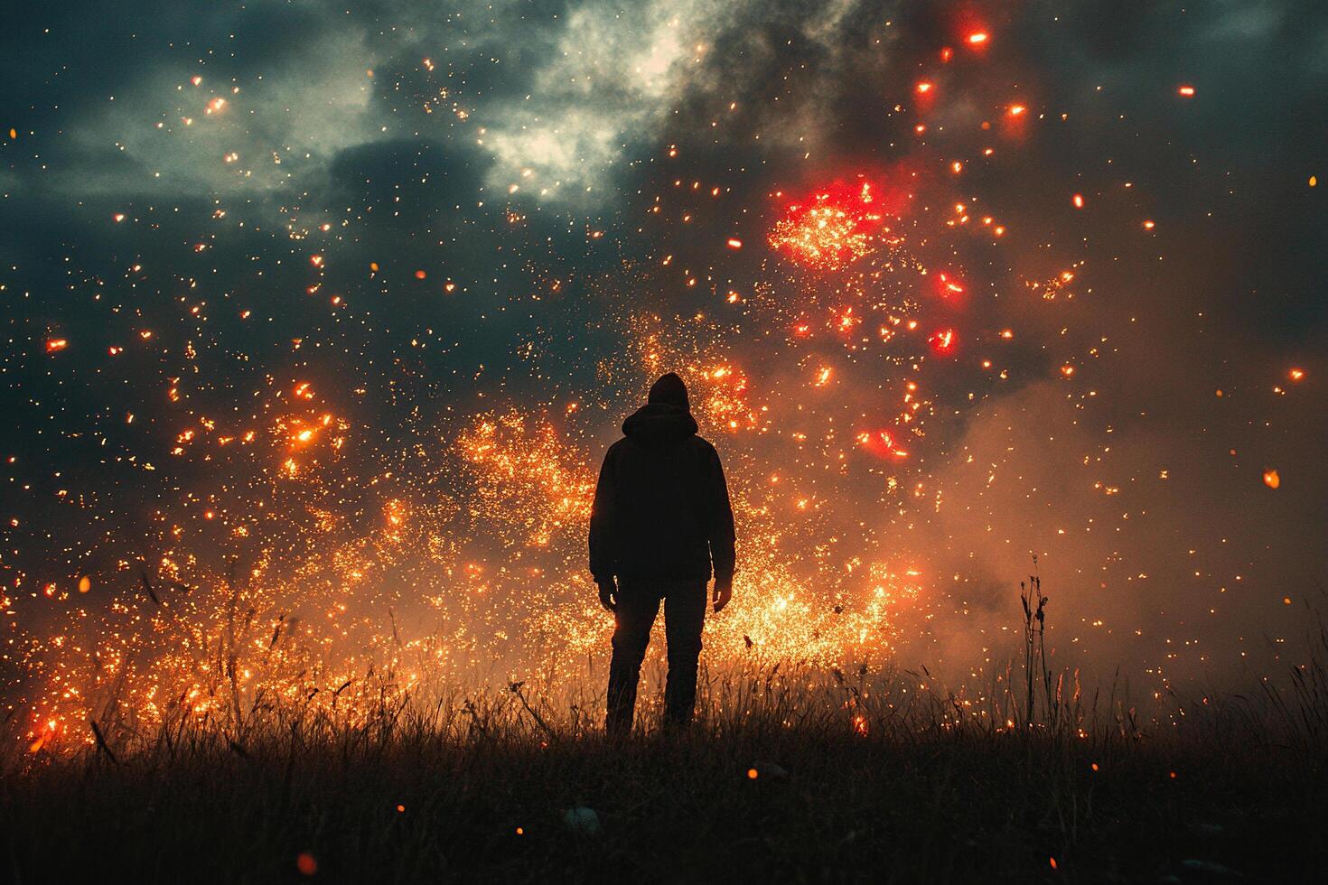 Silhouette of a man standing in front of a fire flame with sparks in the dark. Generated by artificial intelligence. photo