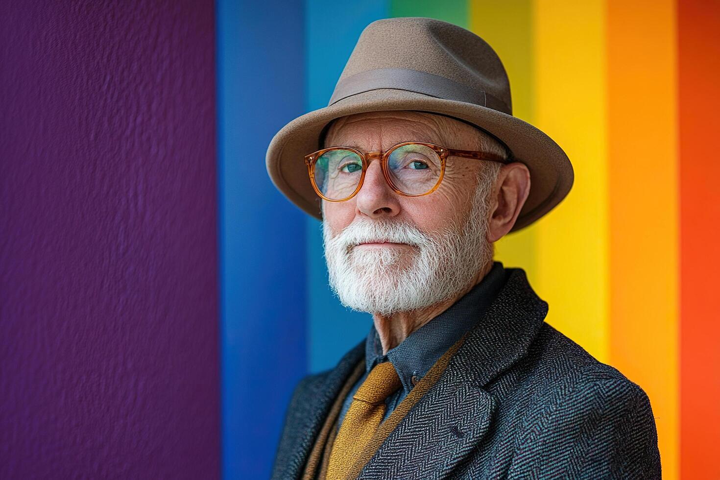 Portrait of an elderly intelligent man in a hat and glasses against the background of a rainbow wall. Generated by artificial intelligence photo