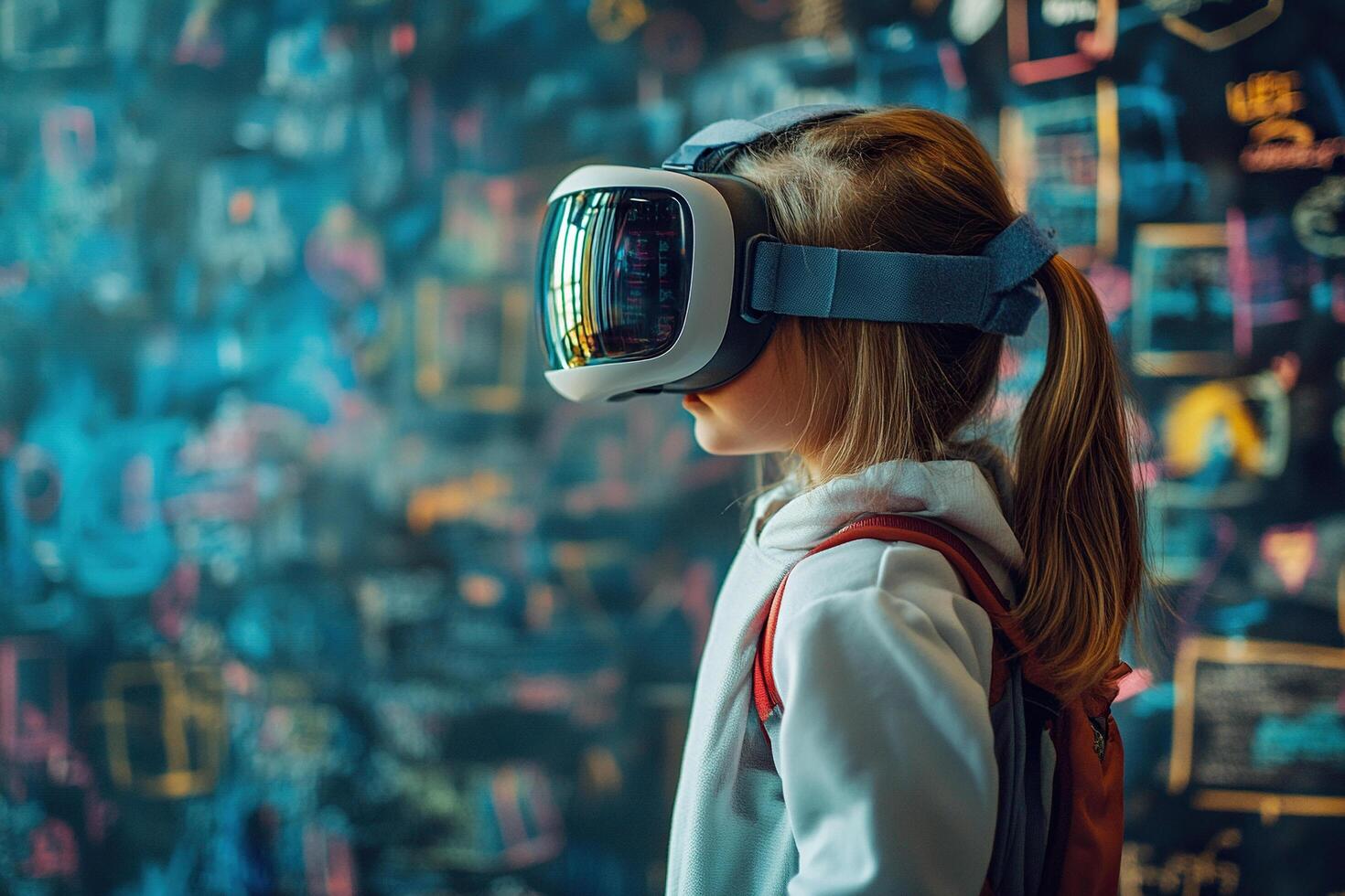 Schoolgirl uses VR headset simulators for learning. Girl in virtual reality glasses stands at the school board. Future learning concept photo