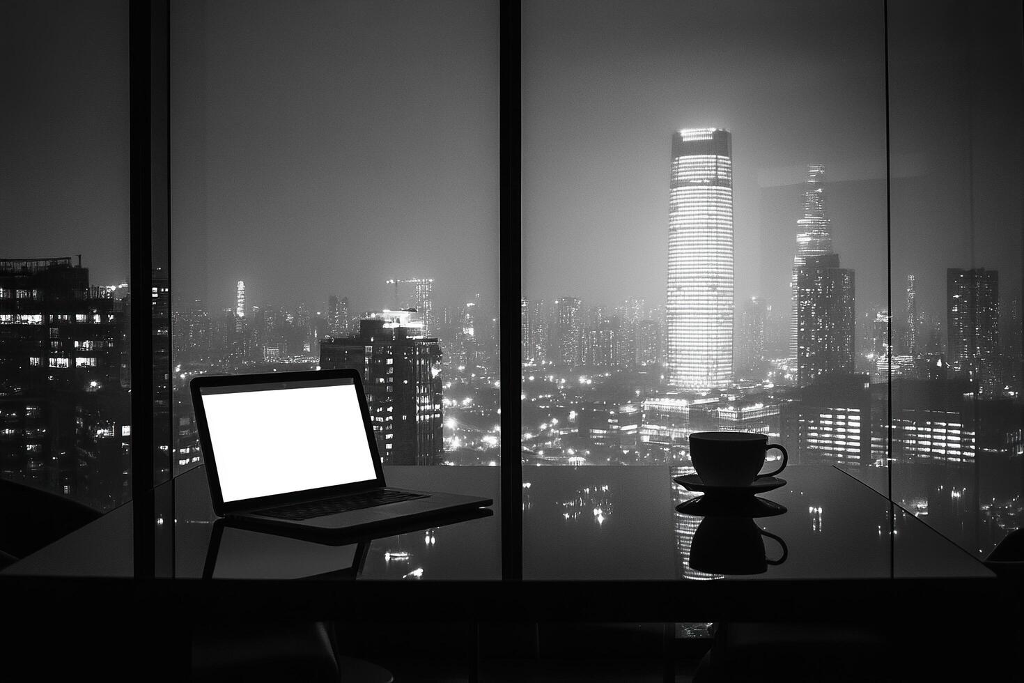 Dark modern office with white blank laptop monitor on glass table. Panoramic glass windows overlooking night metropolis. Business concept. photo