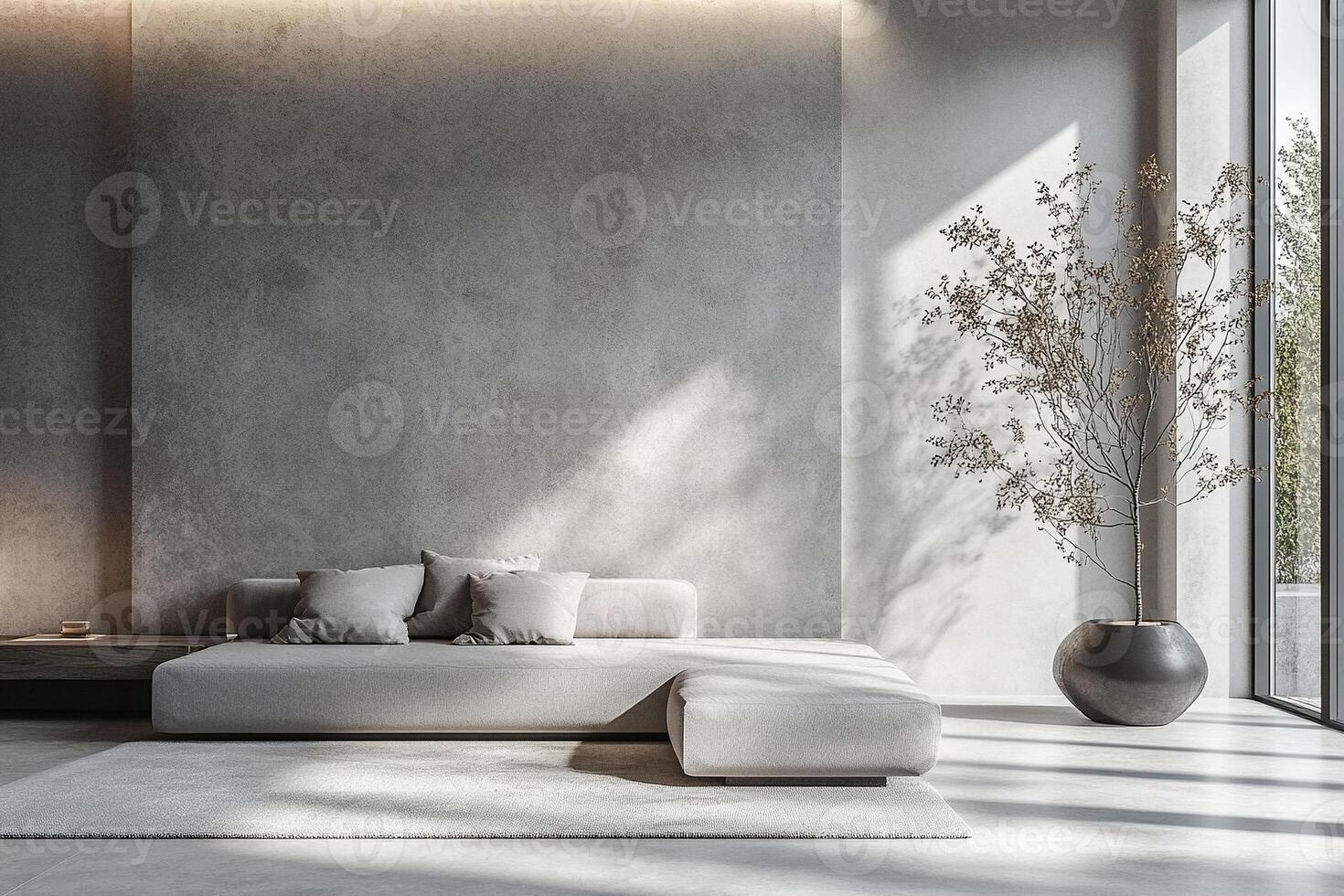 Minimalism in the living room interior. Gray empty wall, gray sofa and potted plant. Generated by artificial intelligence photo
