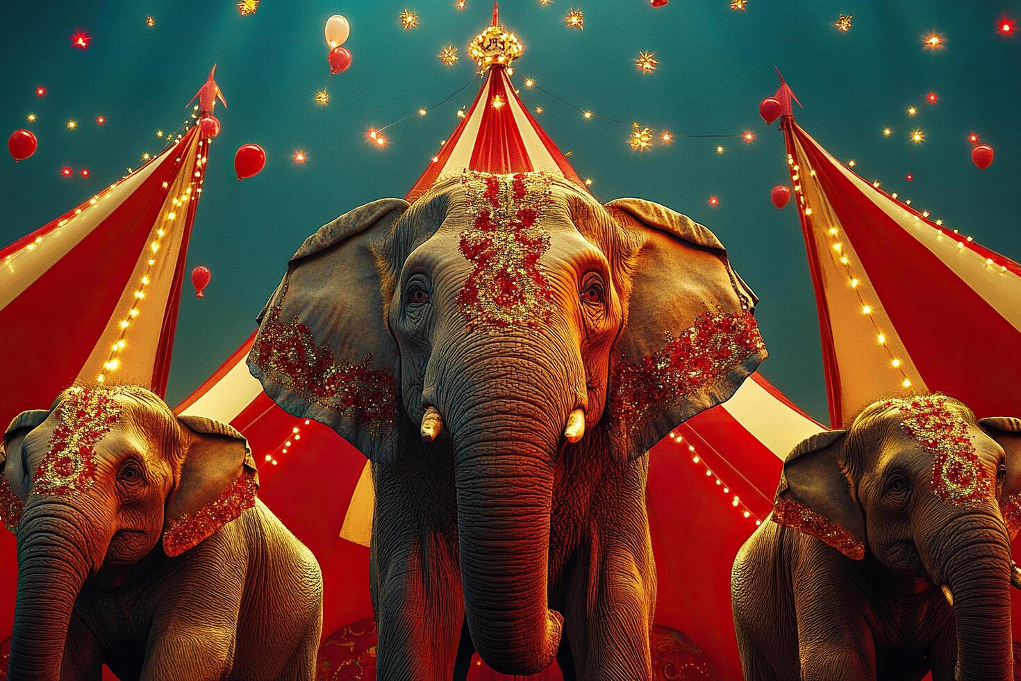 Three huge Indian elephants at a circus show. Circus arena with lighting. photo