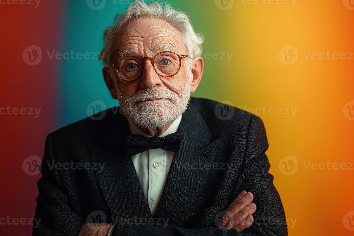 An elderly professor in glasses and a tuxedo looks at the camera. Generated by artificial intelligence photo