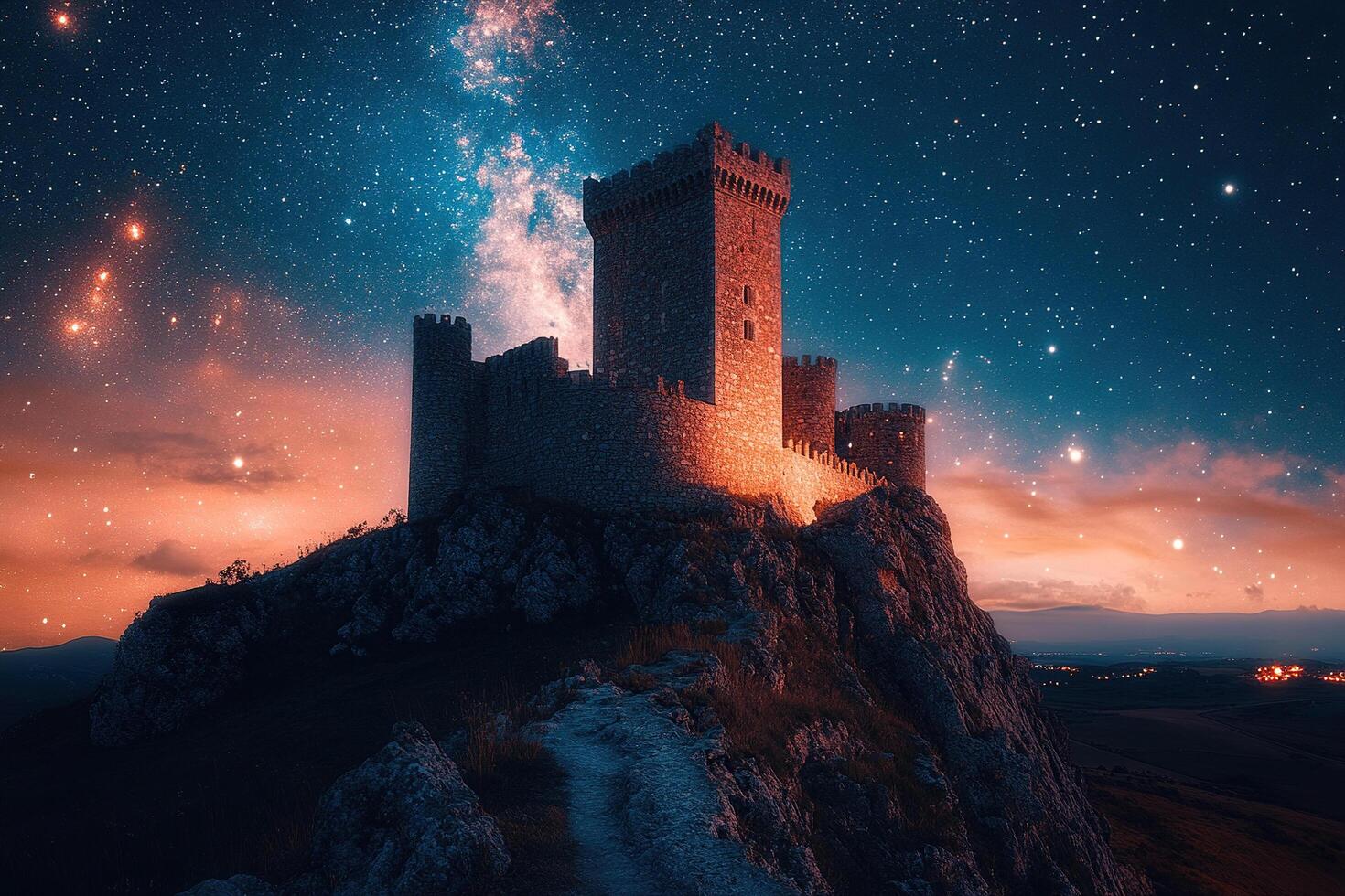 Beautiful stone castle fortress on a steep cliff on a bright starry night. Travel concept. photo