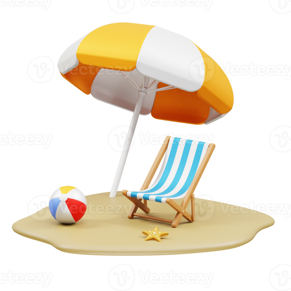 Beach area icon. 3d render beach with parasol, sand bucket, starfish and beach chair icon illustration png