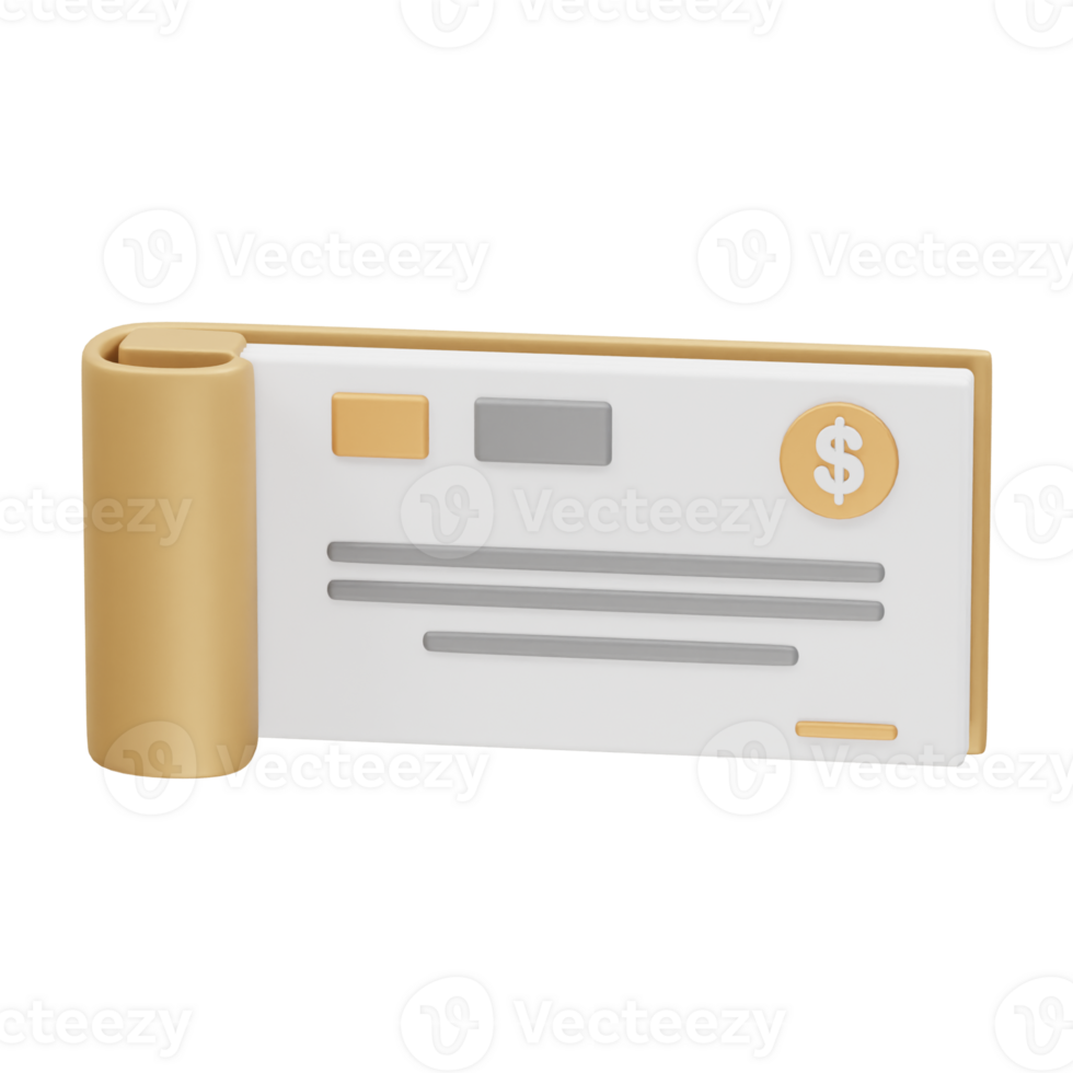 Bank Cheque of 3d illustration render. dollar icon, paper, cheque, pen. payment transaction illustration png