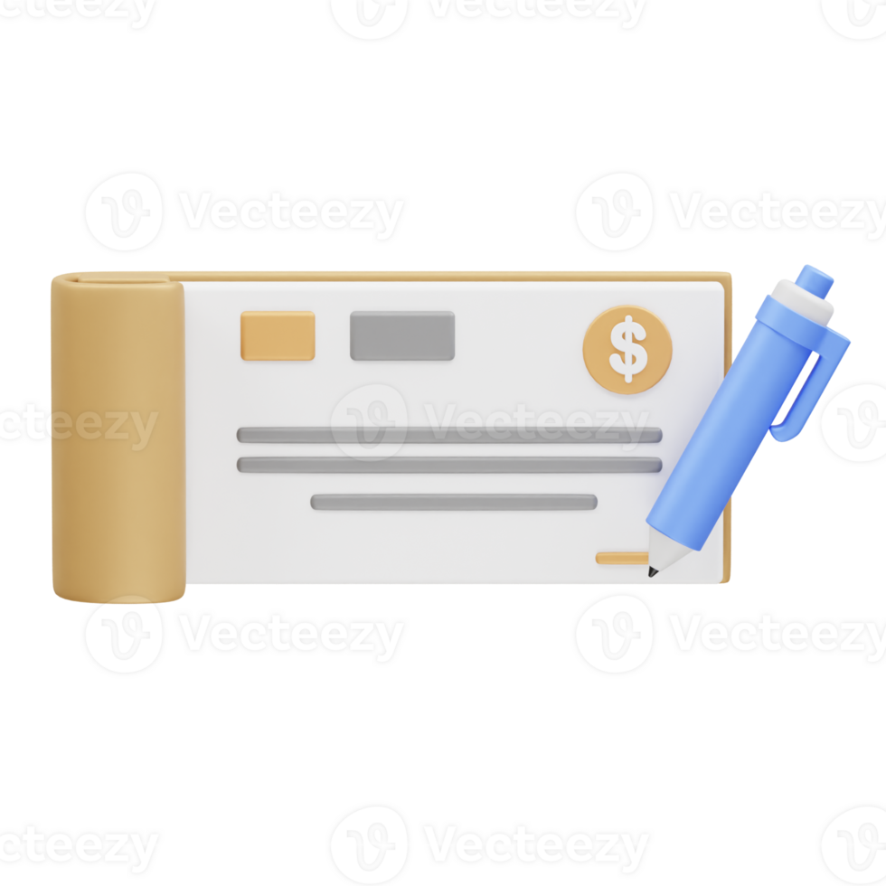 3D bank cheque with pen illustration 3d render png