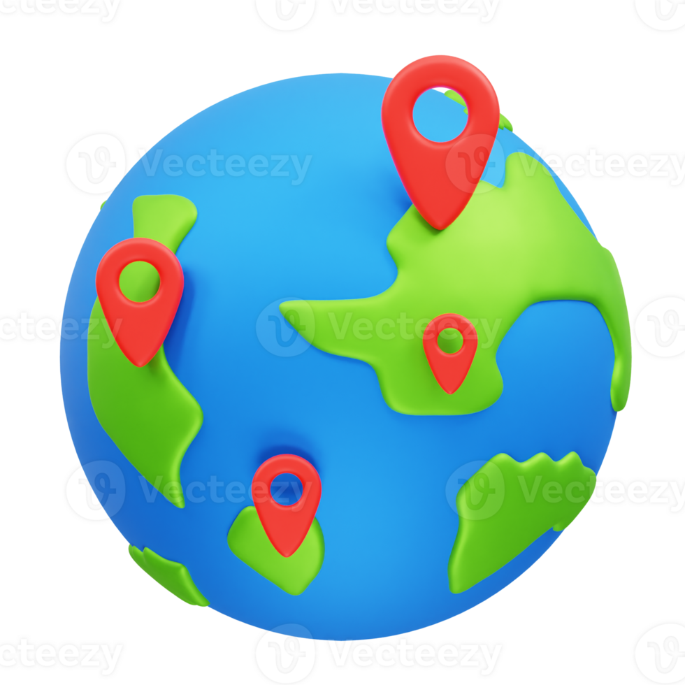 3D Icon Location with world map illustration png