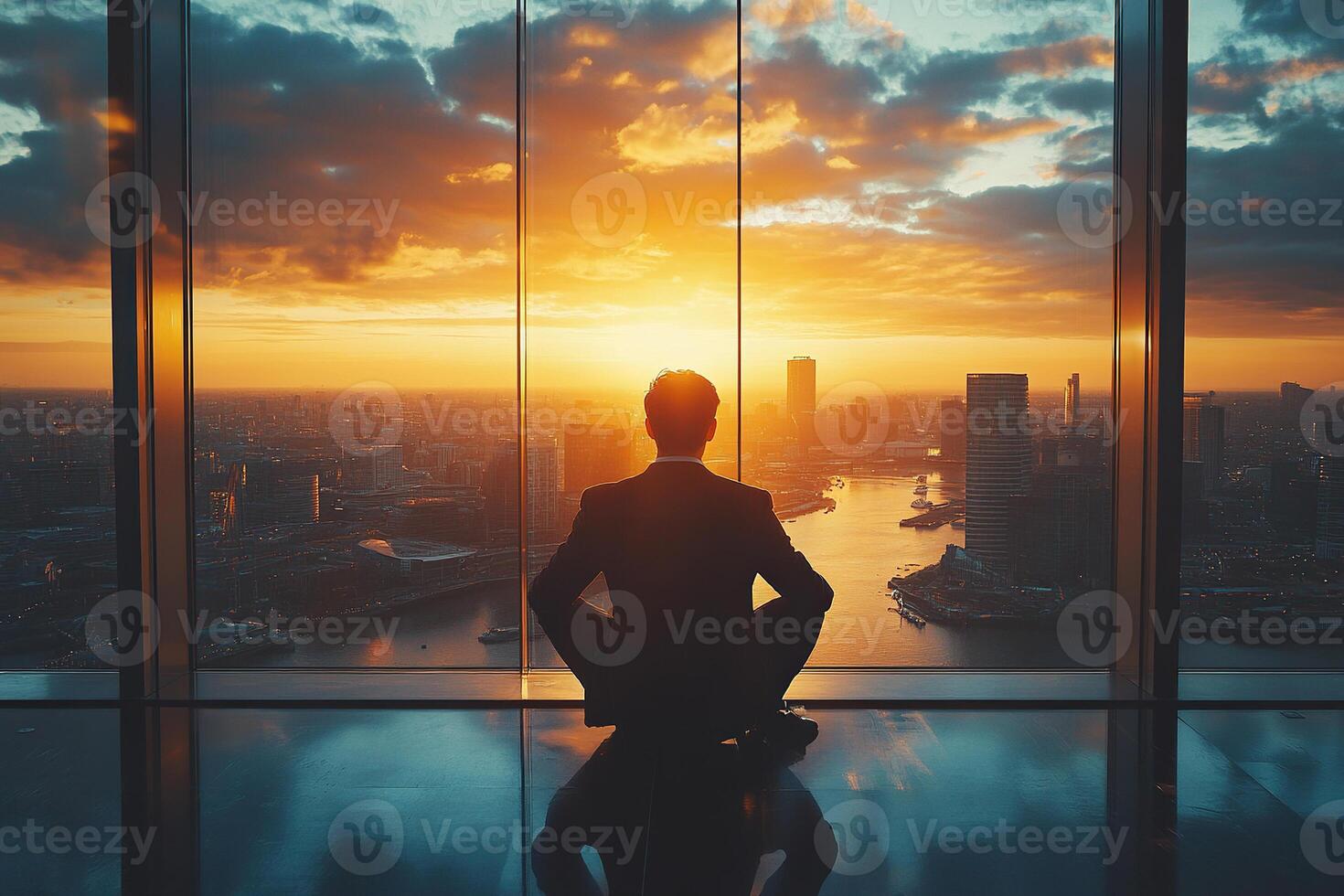 Back view of successful businessman in suit sitting in office in front of panoramic window with view of evening metropolis. End of the working day at the office. photo