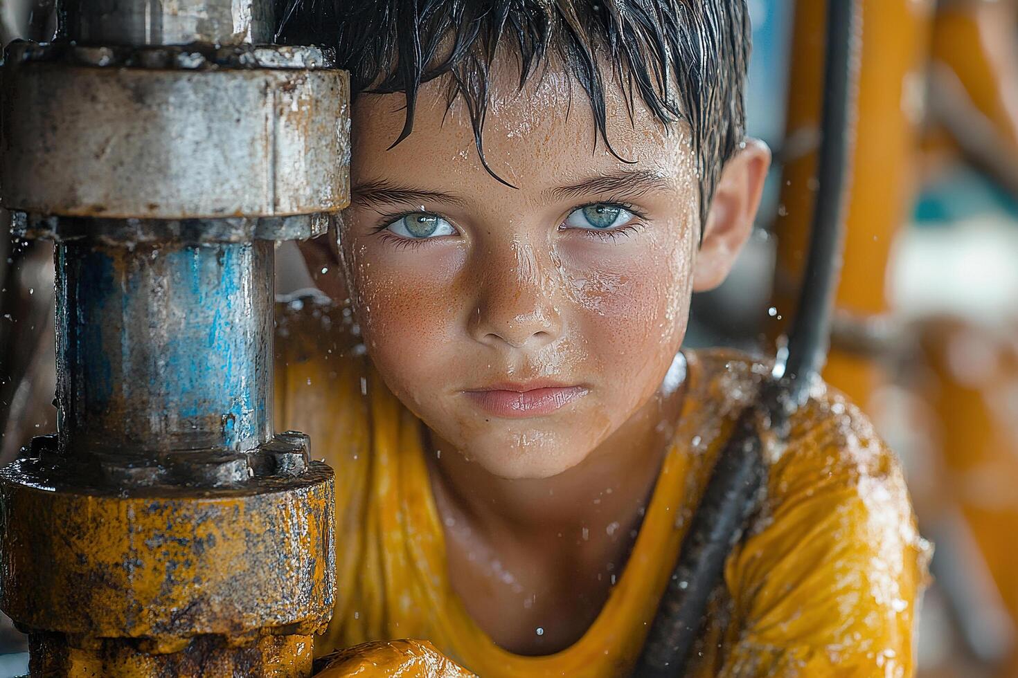 A boy in dirty work clothes at an oil station with a mining platform and drilling rig. photo