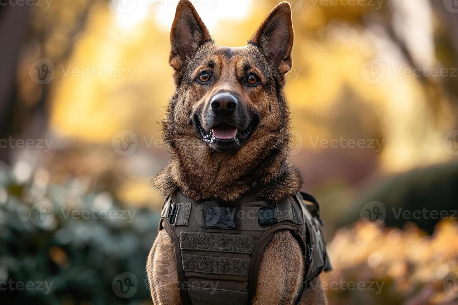 Portrait of a German Shepherd wearing a bulletproof vest on a mission. Generated by artificial intelligence photo