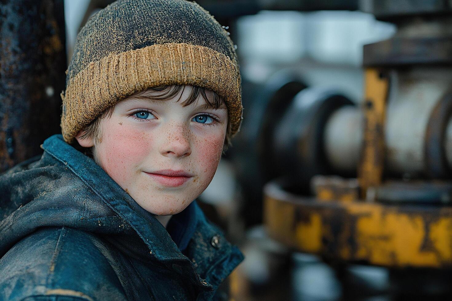 A boy in dirty work clothes at an oil station with a mining platform and drilling rig photo