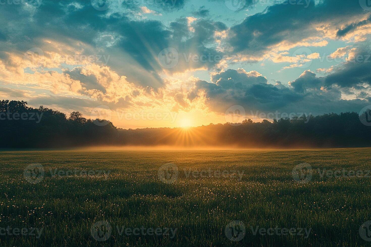 Dawn over field and forest in summer. Calm natural landscape. Generated by artificial intelligence. photo