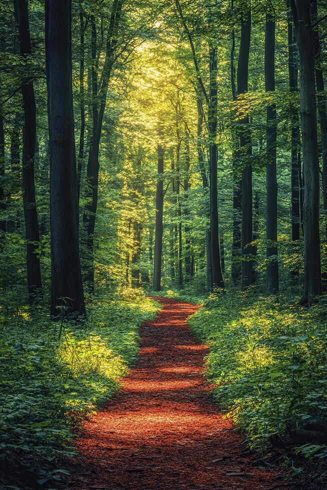 Path in a summer green forest. Magnificent forest landscape. Generated by artificial intelligence photo