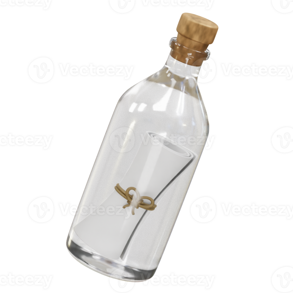 Bottle with treasure map inside icon 3d illustration. Message In The Bottle Illustration 3d png