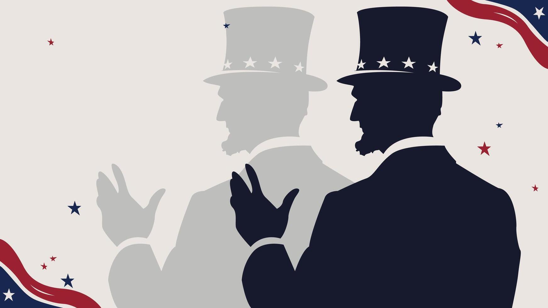 Lower third graphic for Presidents' Day featuring Abraham Lincoln's silhouette, iconic tall hat, and patriotic stars and stripes. Minimalist, elegant design for American-themed projects. vector