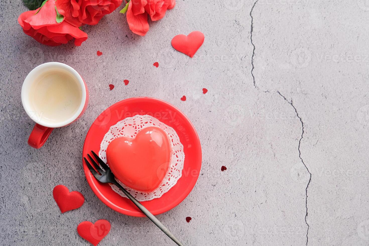heart cake and espresso in small cup for valentines day , copy space photo