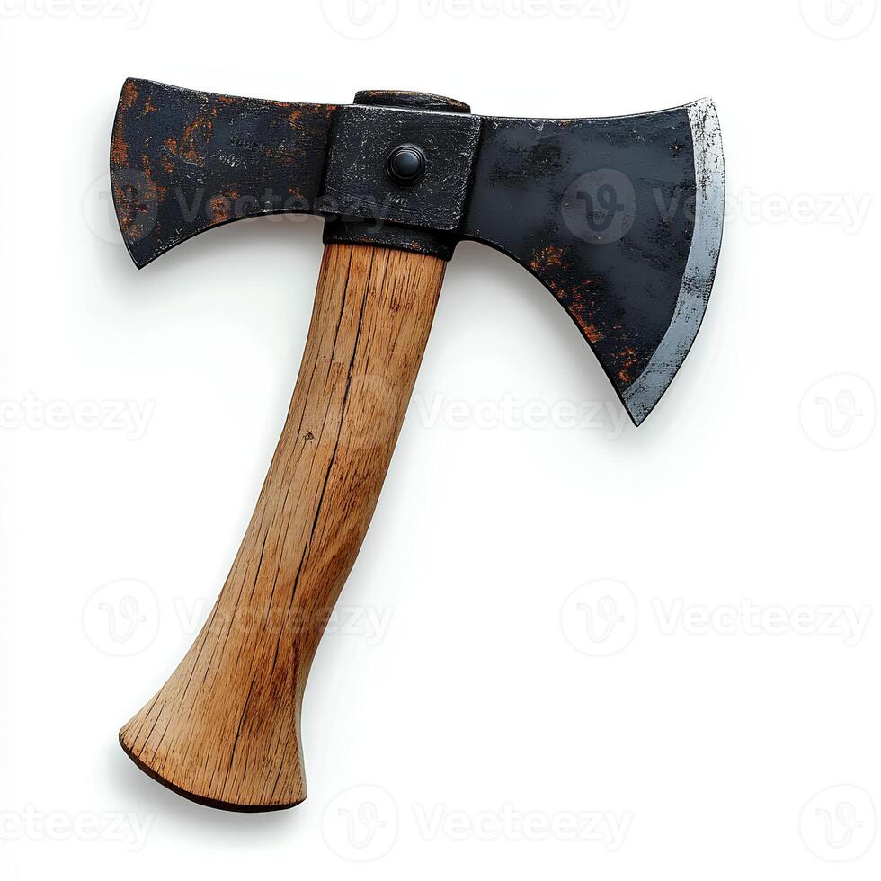 axe isolated on white background with shadow. hatchet top view with sturdy handle and a metal head. ax photo