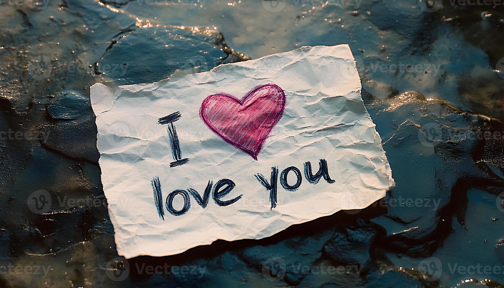 heartfelt I love you written in simple handwriting on wrinkled paper accompanied by a small heart for Valentines Day photo