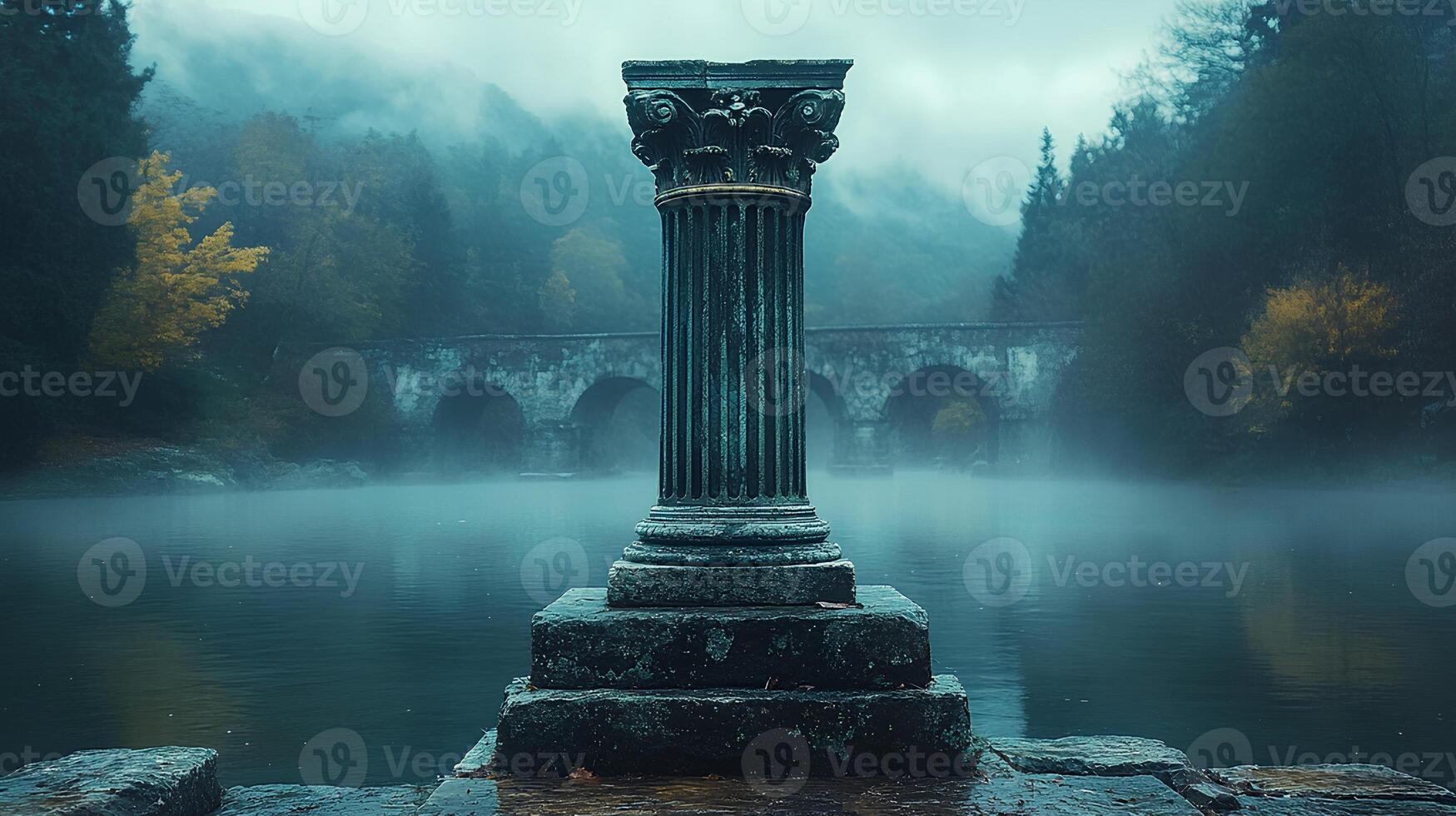Ancient Greek column surrounded by a river and fog. closeup of Ancient Greek corinthian column in a moody and melancholic environment. Ancient roman architecture with a view photo